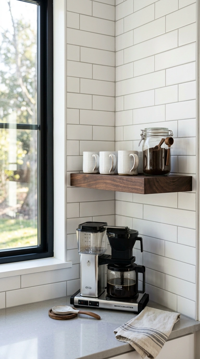 001 Open Shelf Corner A single dark wood floating shel