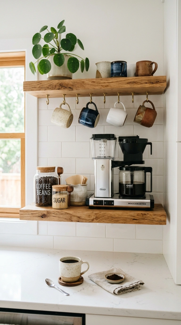 001 Open Shelf Station Two floating wood shelves mount