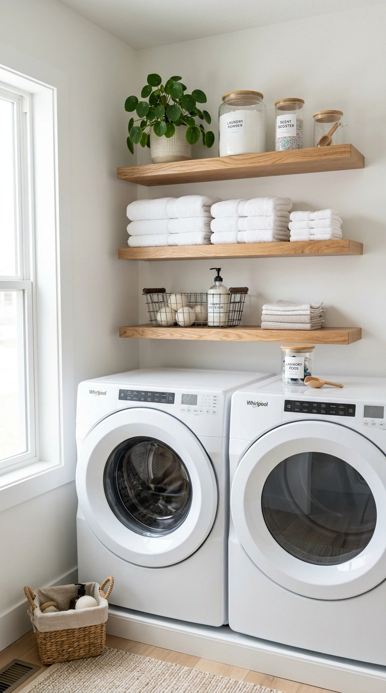 001 Open Shelf Storage A laundry room wall with floati