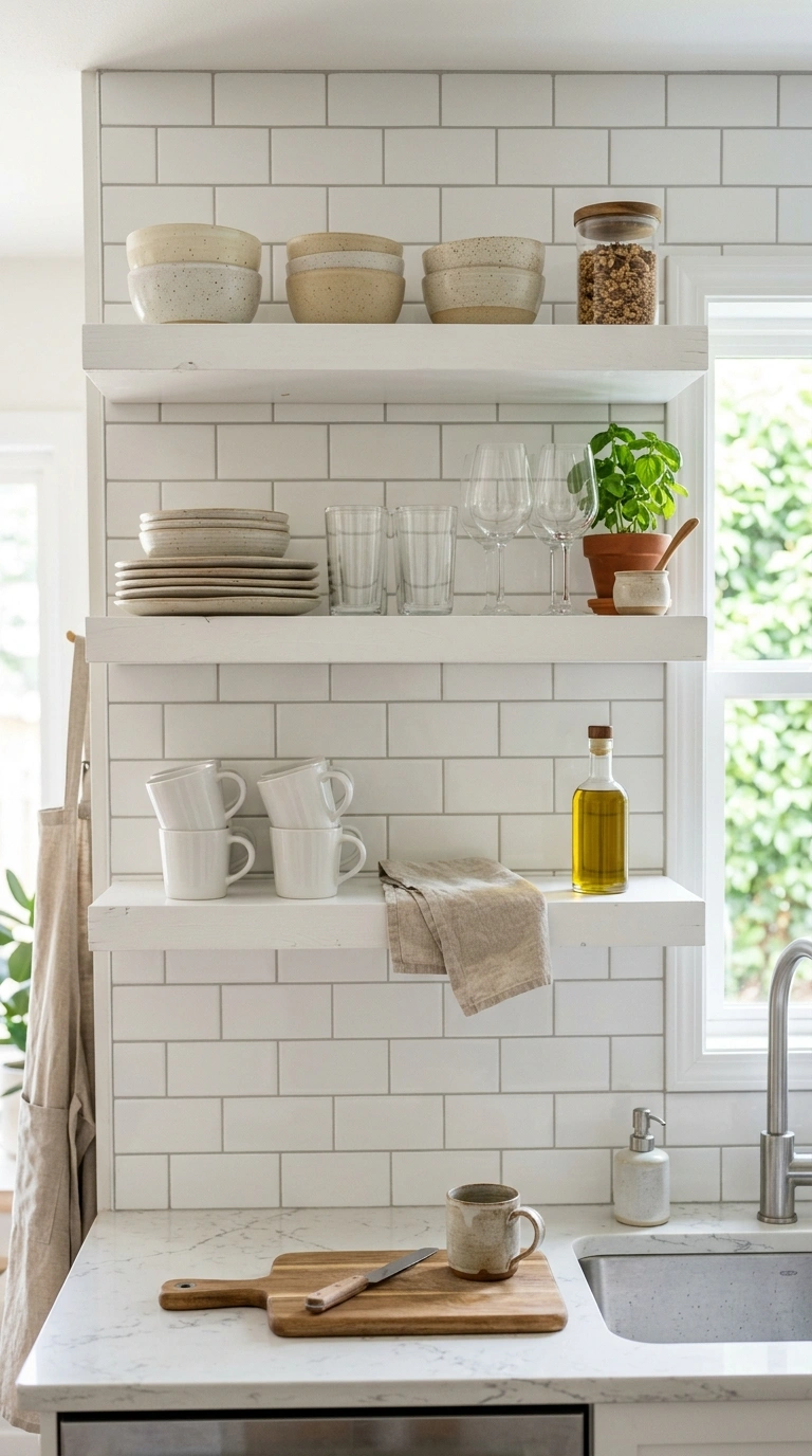 001 Open Shelving Display A bright kitchen with white
