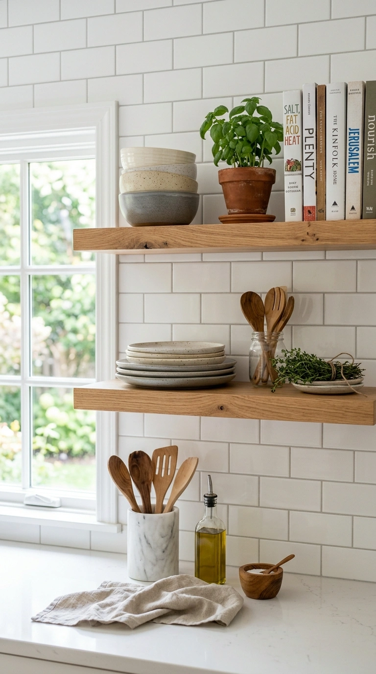 001 Open Wood Shelves A bright kitchen wall with two f