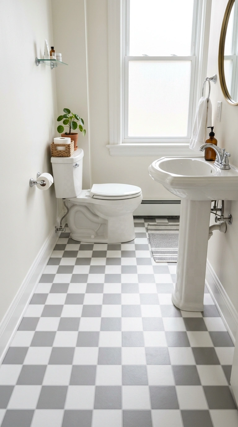 001 Peel Stick Tile A small bathroom floor covered in