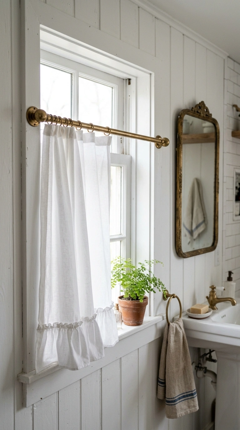 001 Ruffled Curtain Edge A cottage style bathroom with