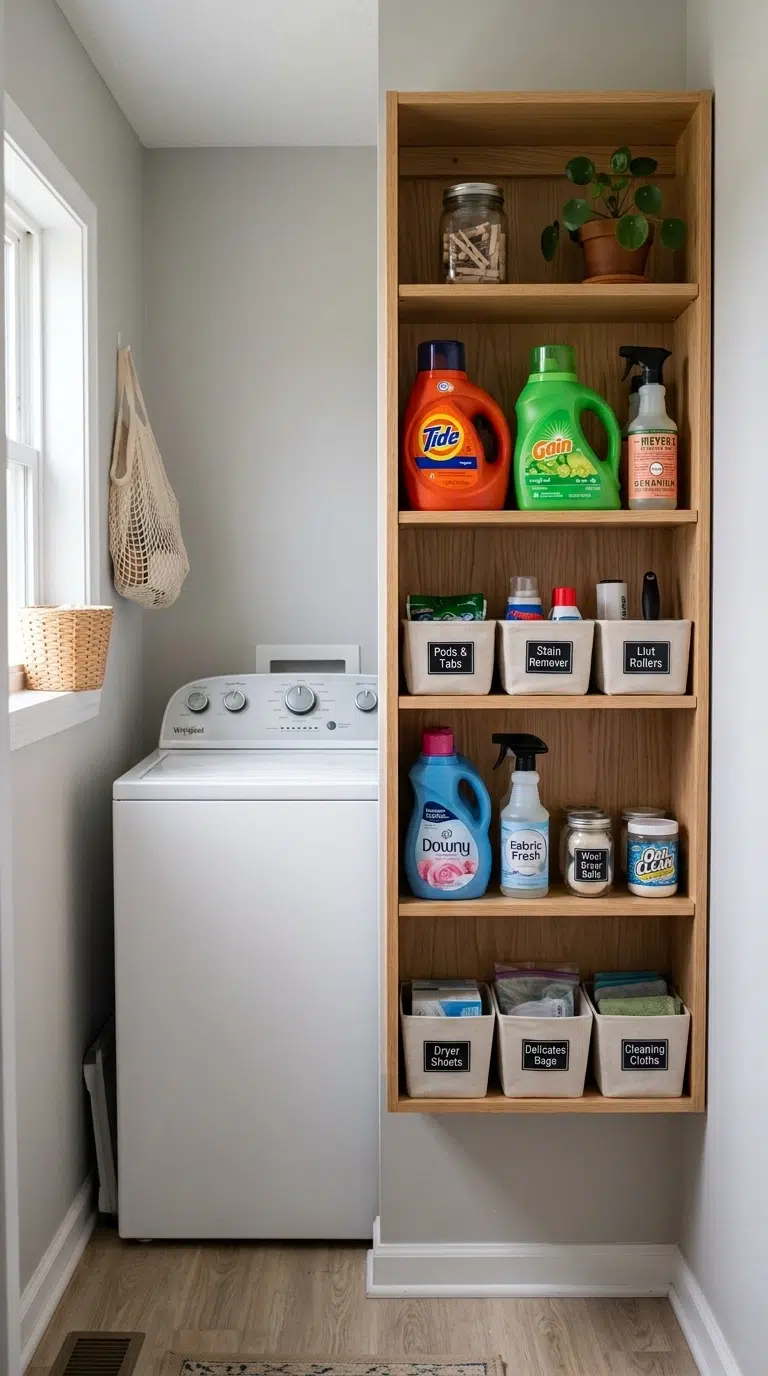001 Slim Shelving Beside Machine A narrow laundry room