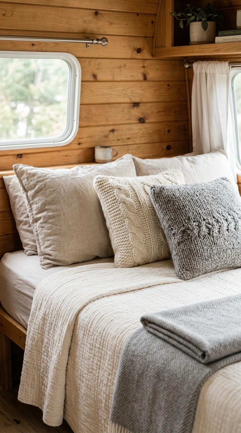 001 Soft Layered Bedding A close up angle of a camper