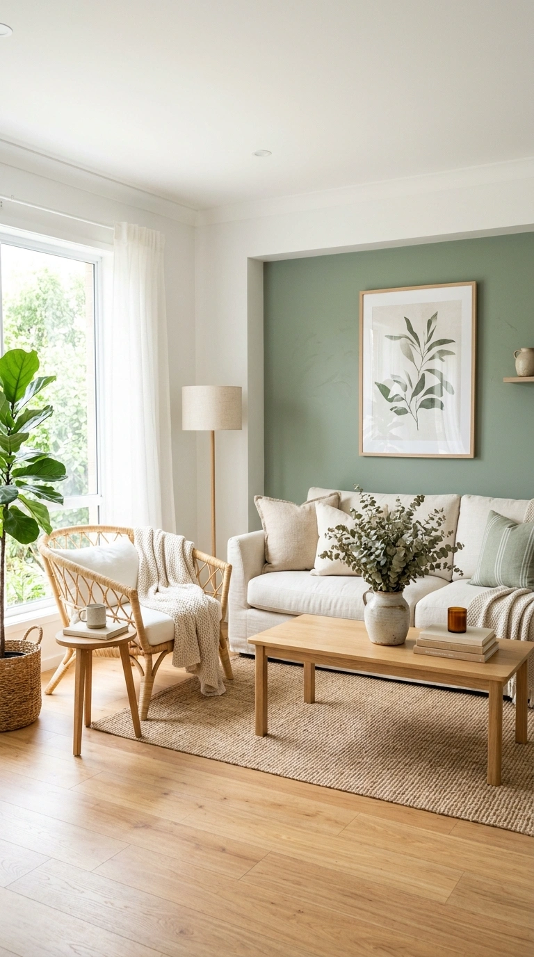 001 Soft White and Sage Green A living room with soft