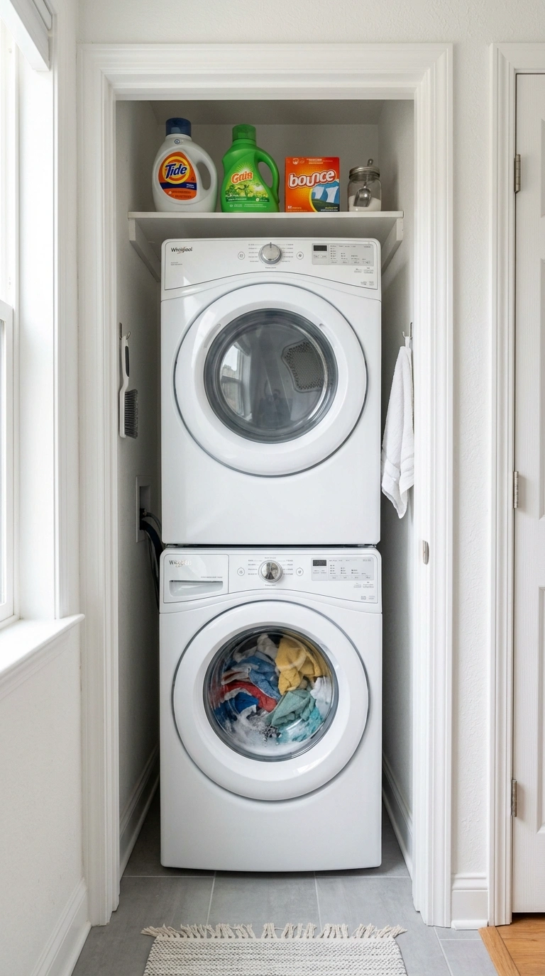 001 Stackable Washer Dryer A narrow laundry closet wit