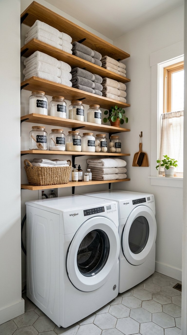 001 Vertical Wall Shelves A narrow laundry room with t