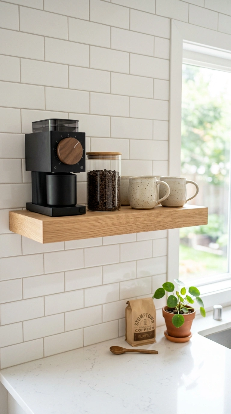 001 Wall Shelf Station A light wood floating shelf mou