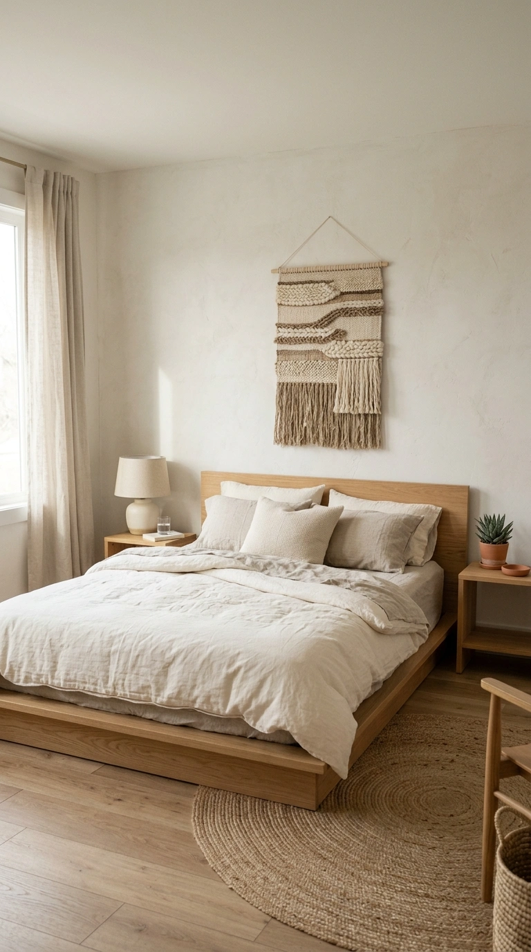 001 Warm Minimalist Bedroom A calm bedroom with a low
