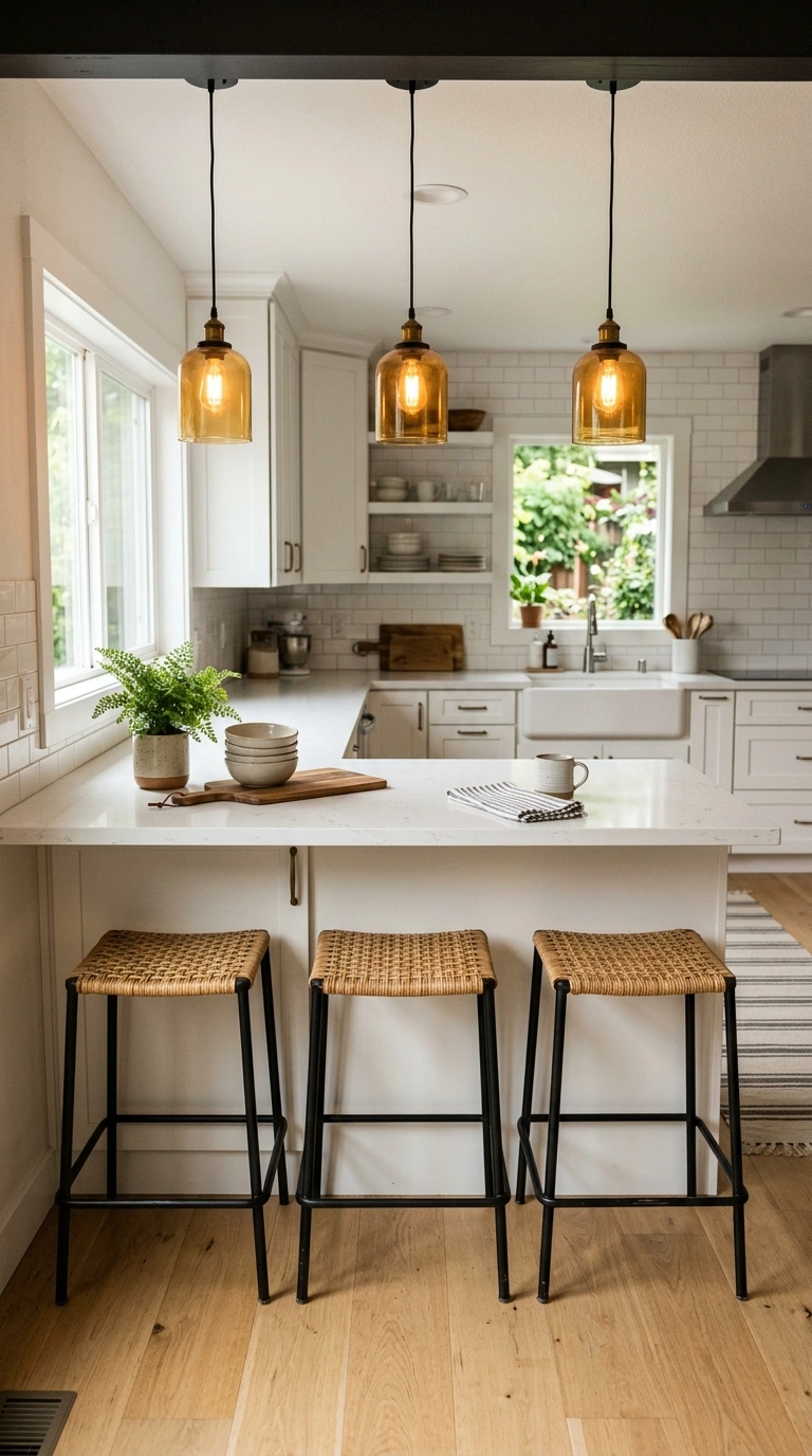 002 Bar Stool Seating A kitchen peninsula with three b