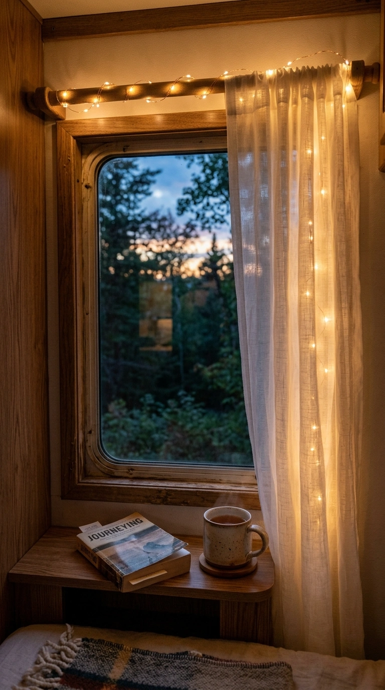 002 Battery Fairy Lights An RV window at dusk with war