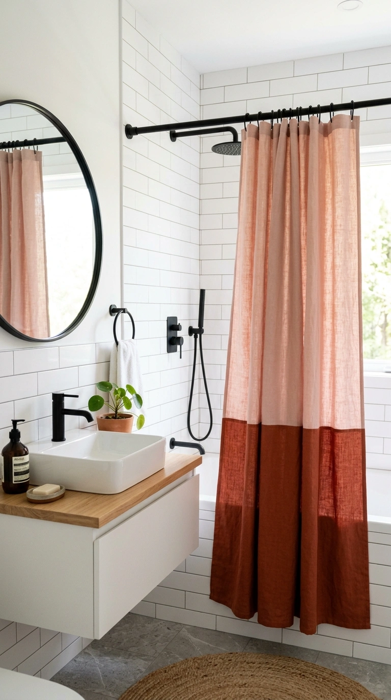 002 Color Block Curtain A modern bathroom with a color