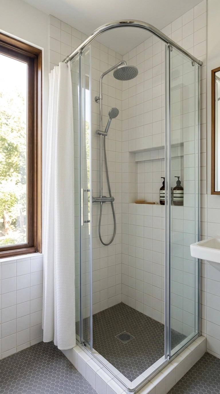 002 Corner Shower Stall A narrow bathroom corner with