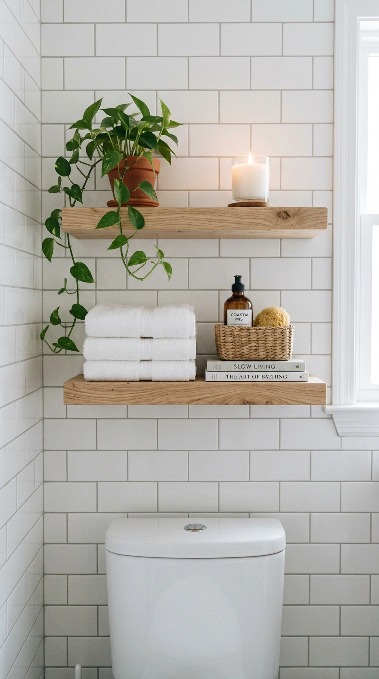 002 Floating Wood Shelves A bathroom wall with two lig