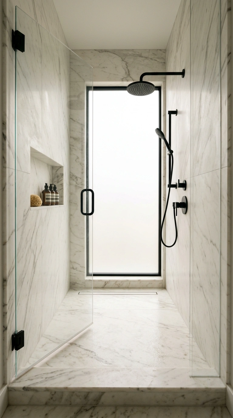 002 Floor To Ceiling Marble A spacious walk in shower