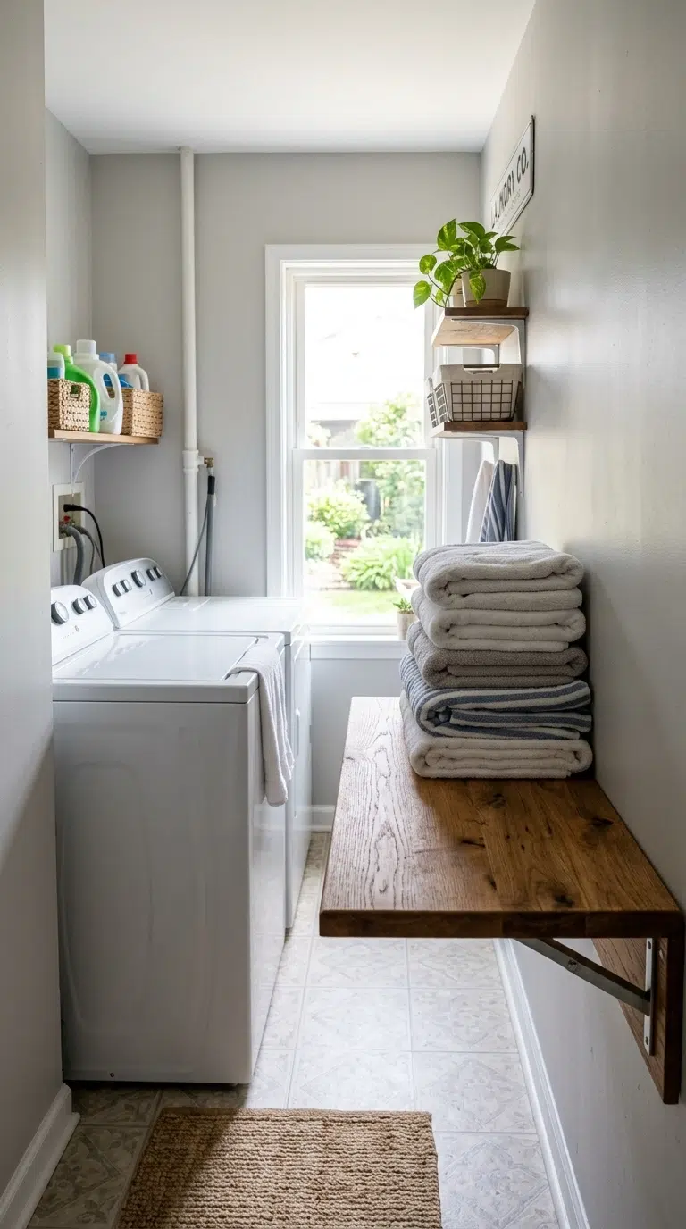 002 Fold Down Wall Counter A narrow laundry room with