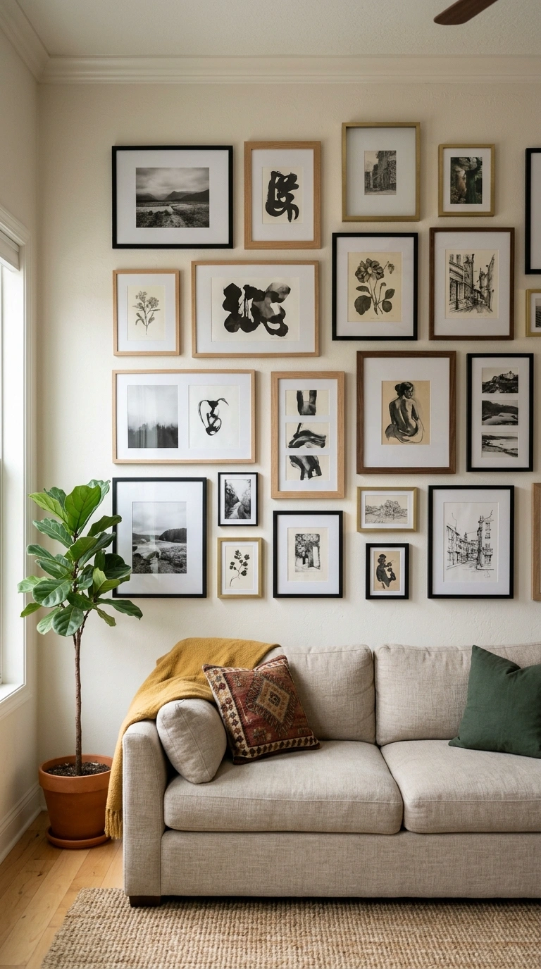 002 Gallery Wall Display A living room wall above a so