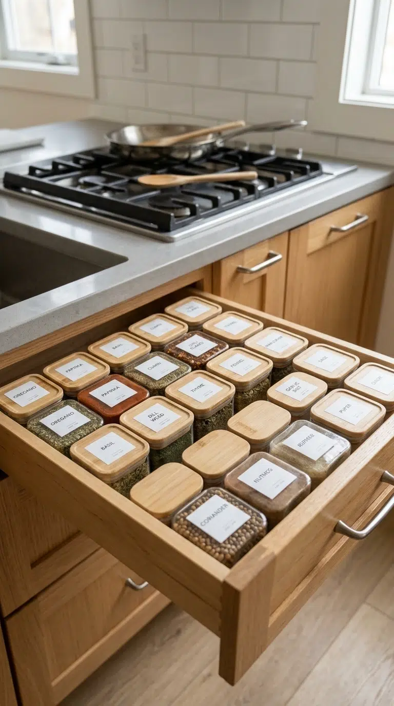 002 Labeled Spice Drawer An open shallow kitchen drawe