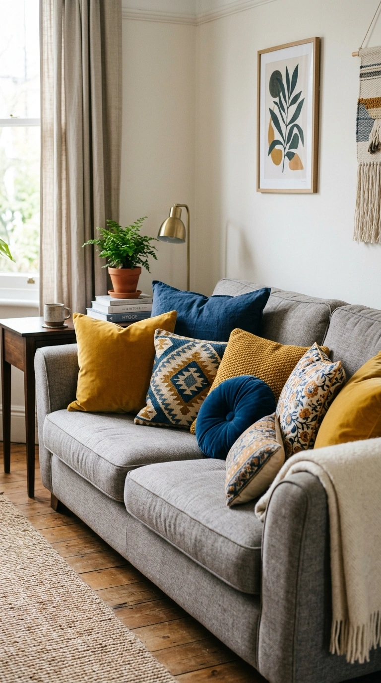 002 Layer Colorful Throw Pillows A neutral gray sofa l