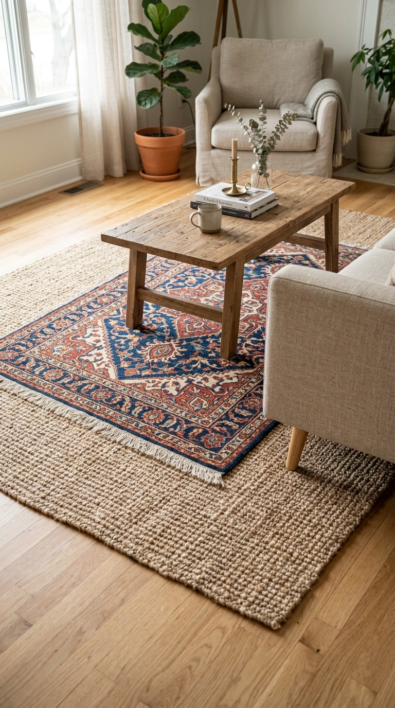 002 Layered Area Rugs A living room floor with a large