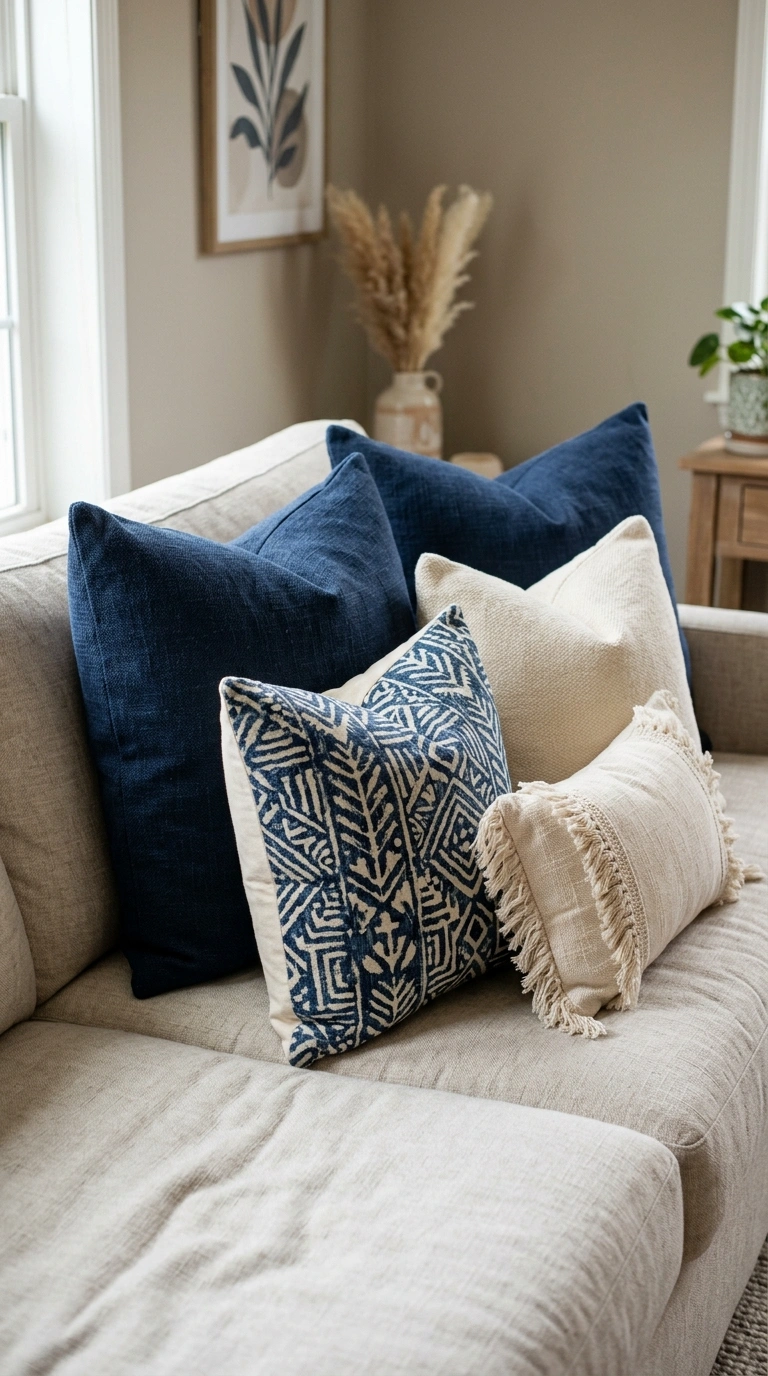 002 Layered Throw Pillows Close up of a sofa styled wi