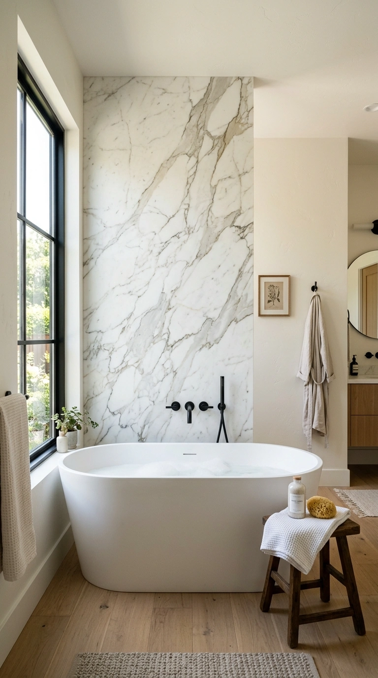 002 Marble Accent Wall A bathroom with a honed white a