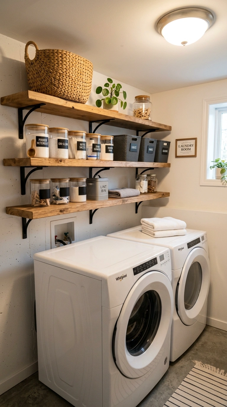 002 Open Shelving Storage A basement laundry corner wi
