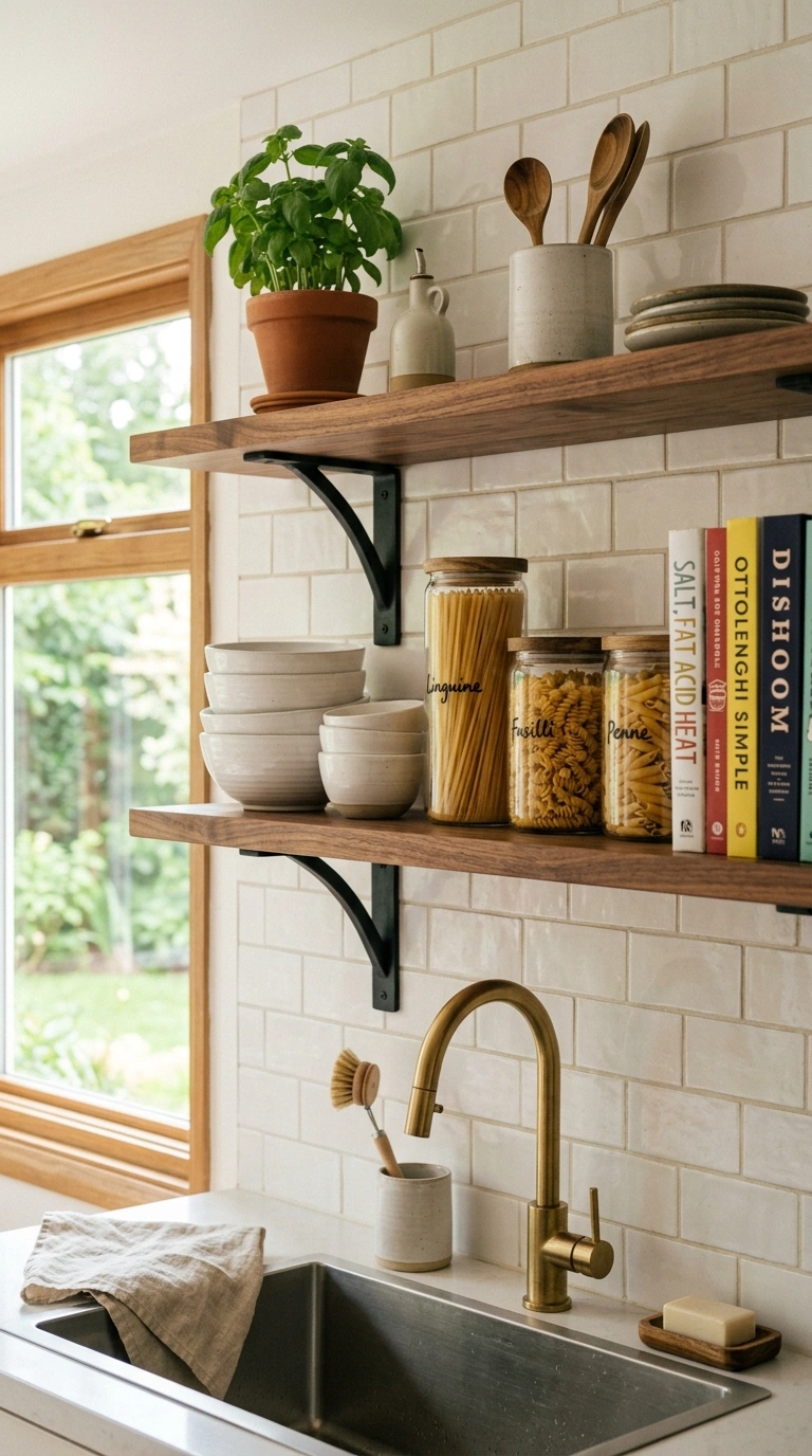 002 Open Wooden Shelves A kitchen wall above a sink fe
