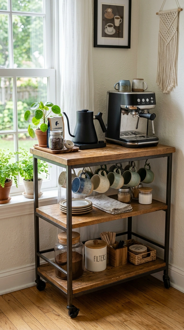 002 Repurposed Bar Cart A metal and wood bar cart in a