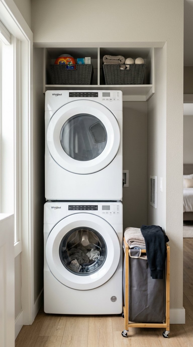 002 Stacked Washer Dryer A tight laundry closet with a