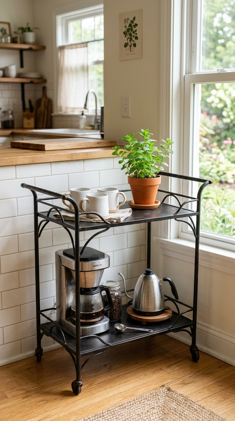 002 Vintage Bar Cart A black metal two tier bar cart i