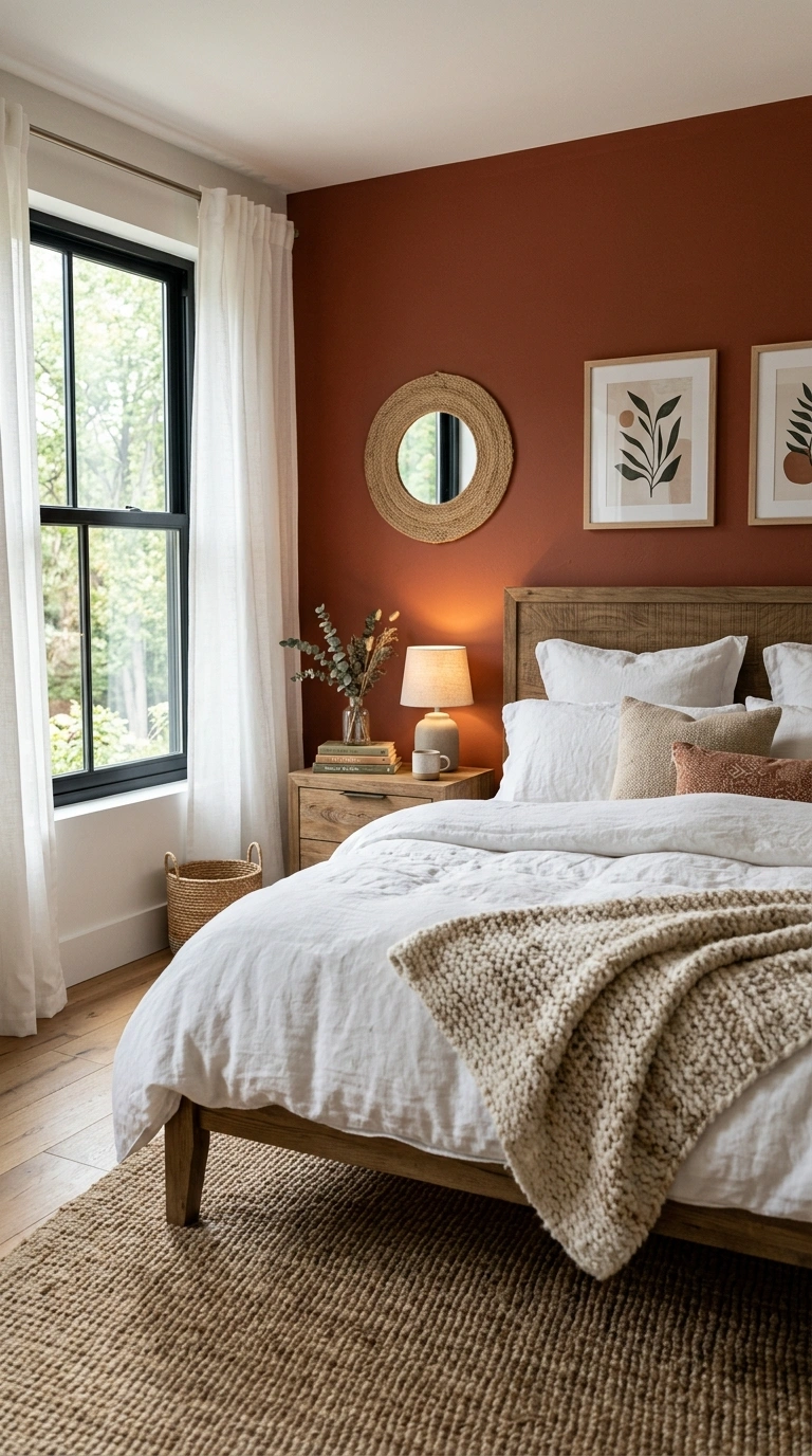 002 Warm Wall Color A bedroom with a deep terracotta a