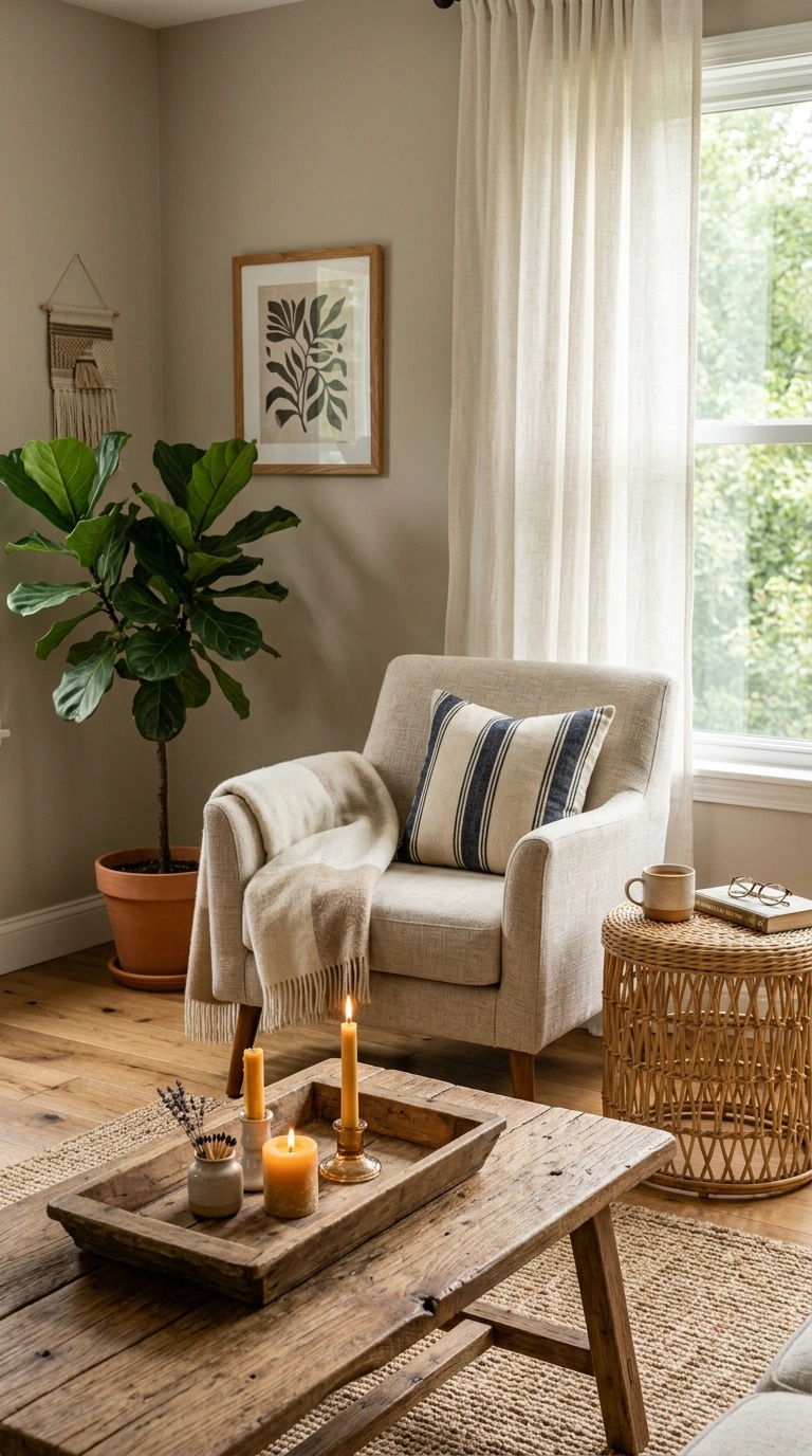002 Warm Wood Accents A living room corner with a recl