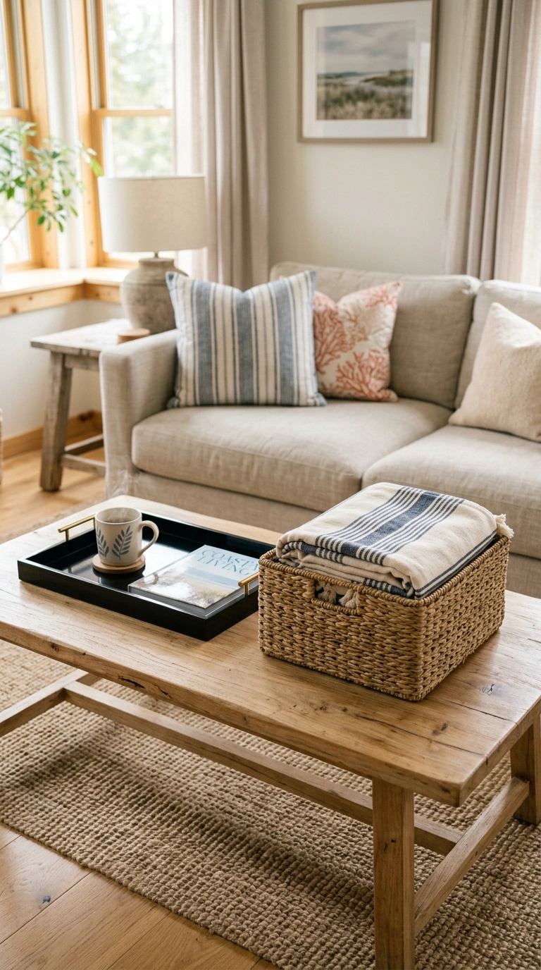 002 Woven Seagrass Basket A coffee table with a black
