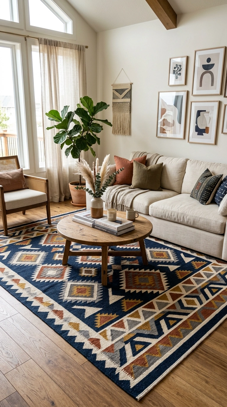 003 Add a Patterned Area Rug A living room with a bold
