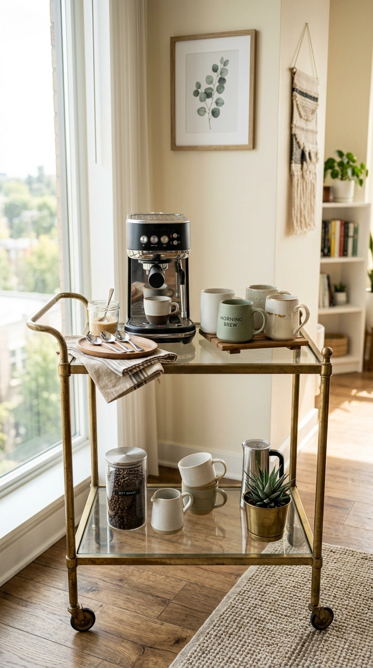 003 Bar Cart Setup A brass bar cart with two tiers rep