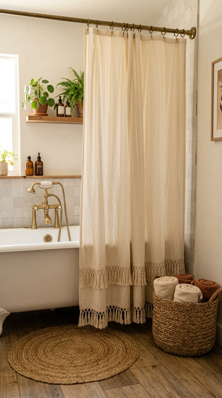 003 Boho Tassel Curtain A boho style bathroom with a c