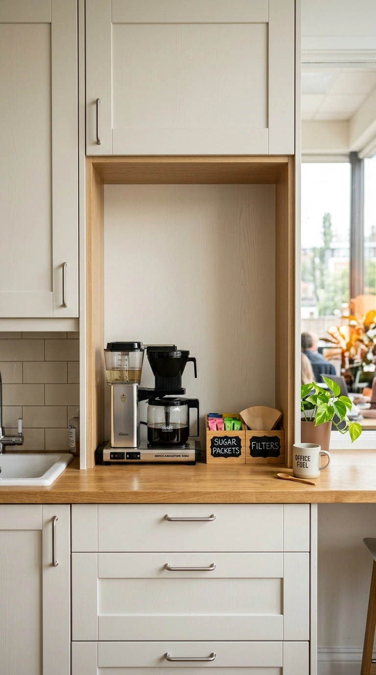 003 Cabinet Coffee Nook An open cabinet nook in an off