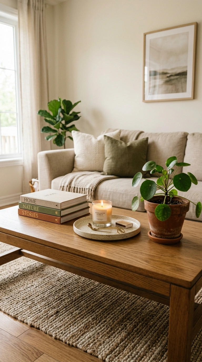 003 Coffee Table Styling A wood coffee table in front
