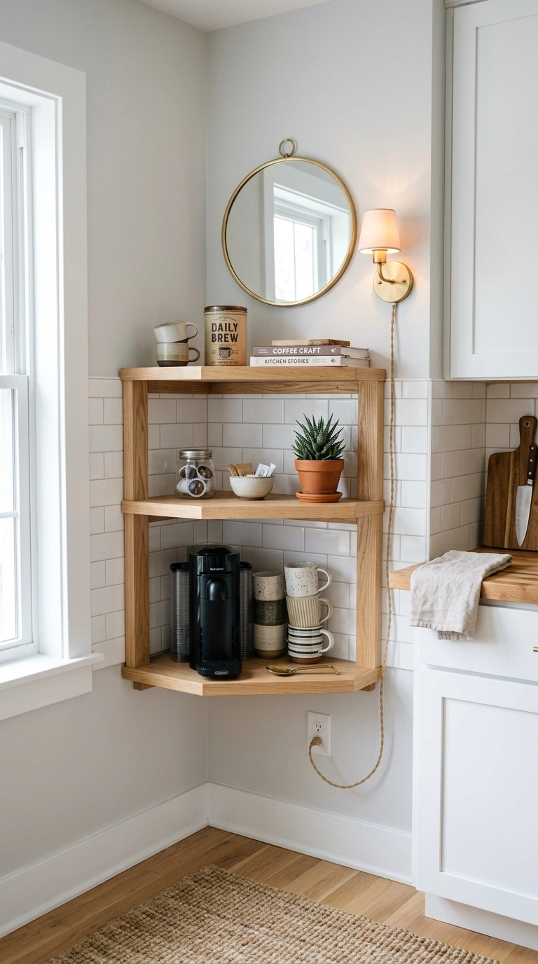 003 Corner Nook Setup A narrow corner shelf unit in an