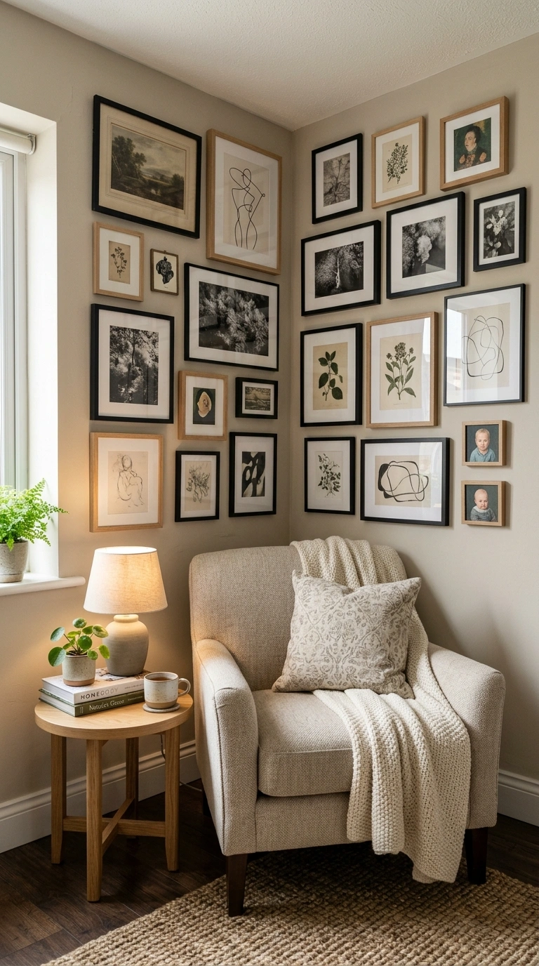 003 Gallery Wall Corner A cozy reading corner with a s