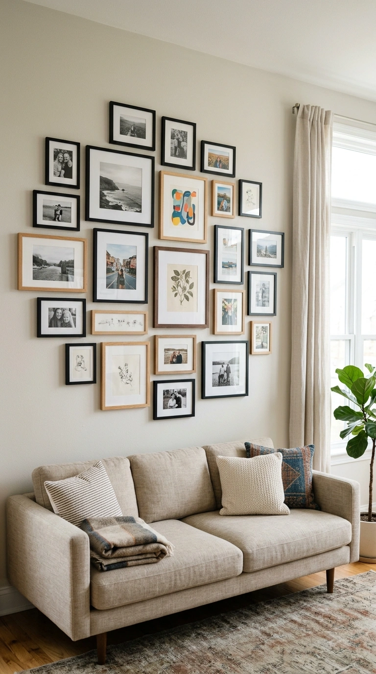 003 Gallery Wall Display A living room wall above a so