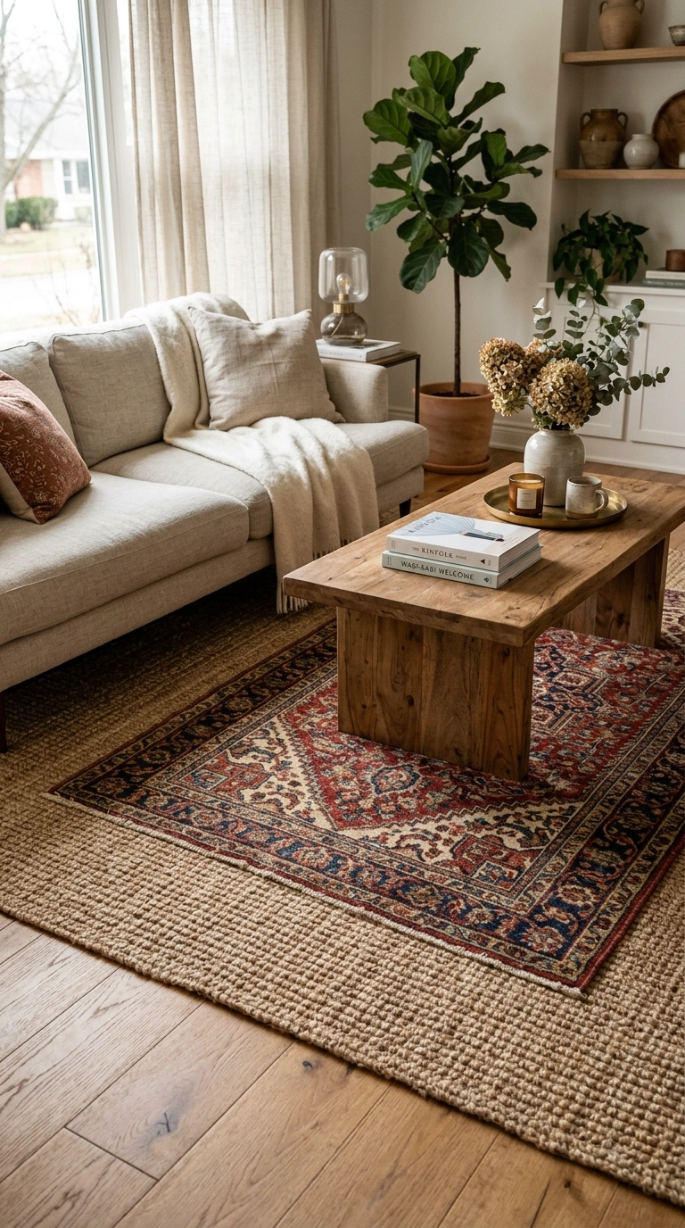 003 Layered Area Rugs A living room with a jute rug as