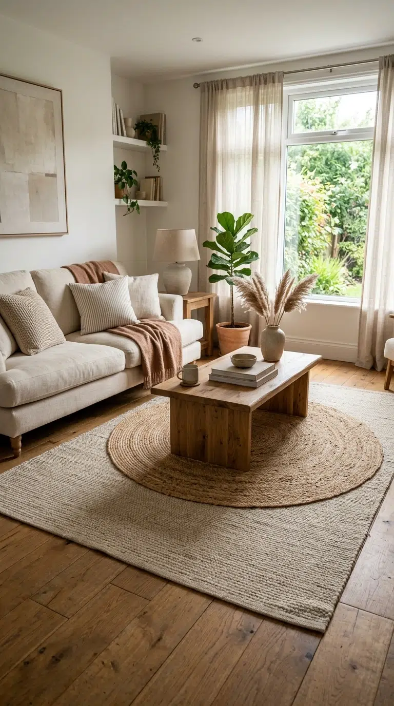 003 Layered Area Rugs A living room with a large neutr