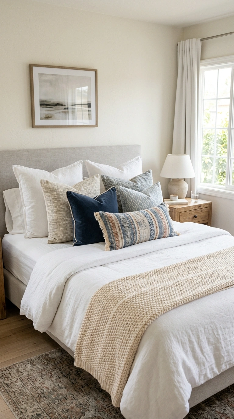 003 Layered Throw Pillows A neatly made bed with layer