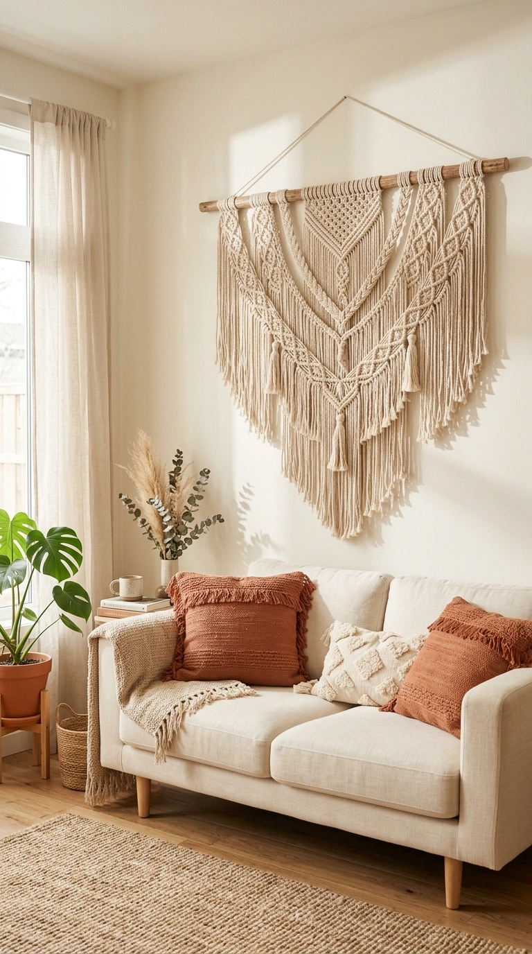 003 Macrame Wall Hanging A cream colored sofa with a l