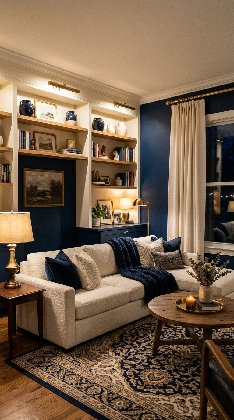 003 Navy Blue and Cream A living room with a navy blue