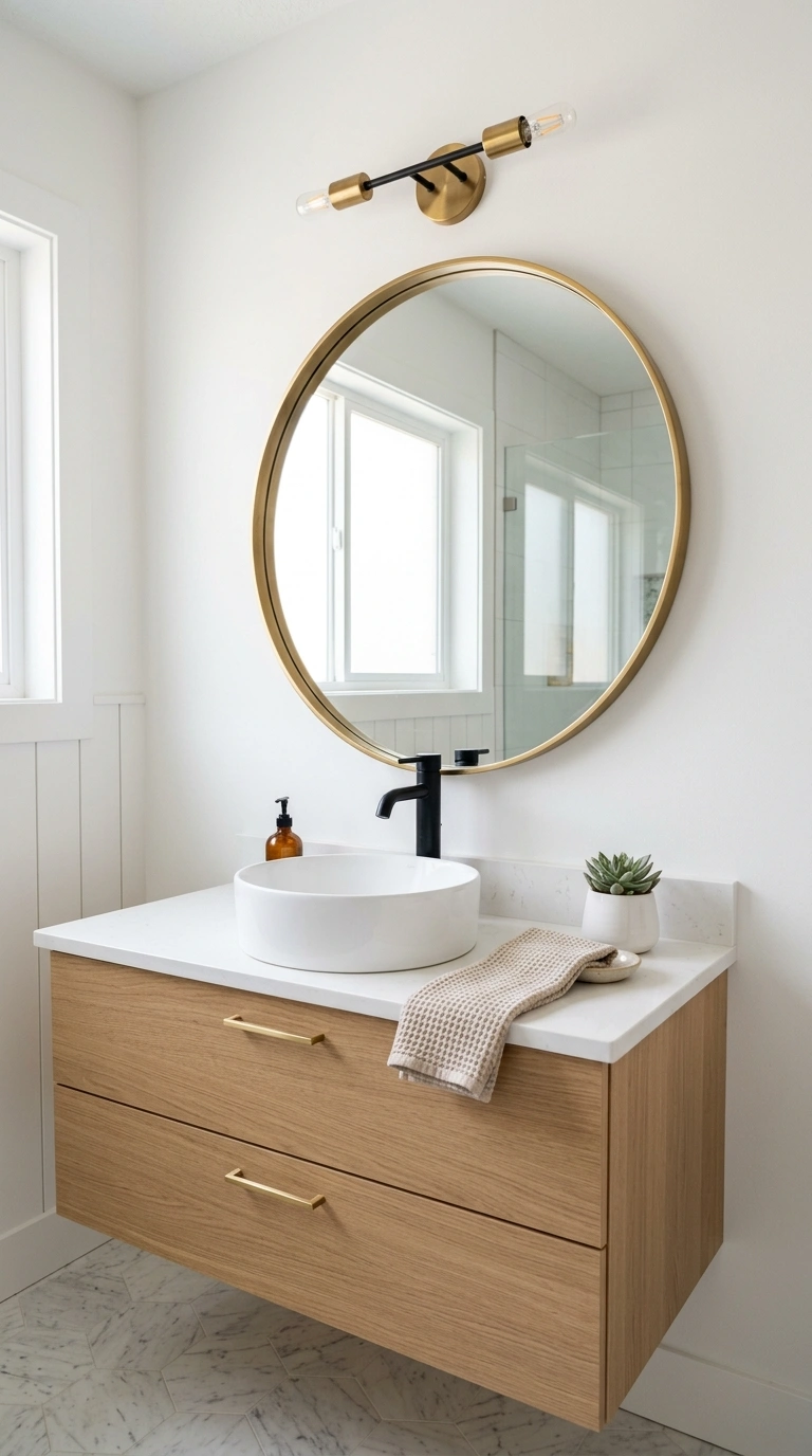 003 New Vanity Mirror A bathroom vanity with a round b