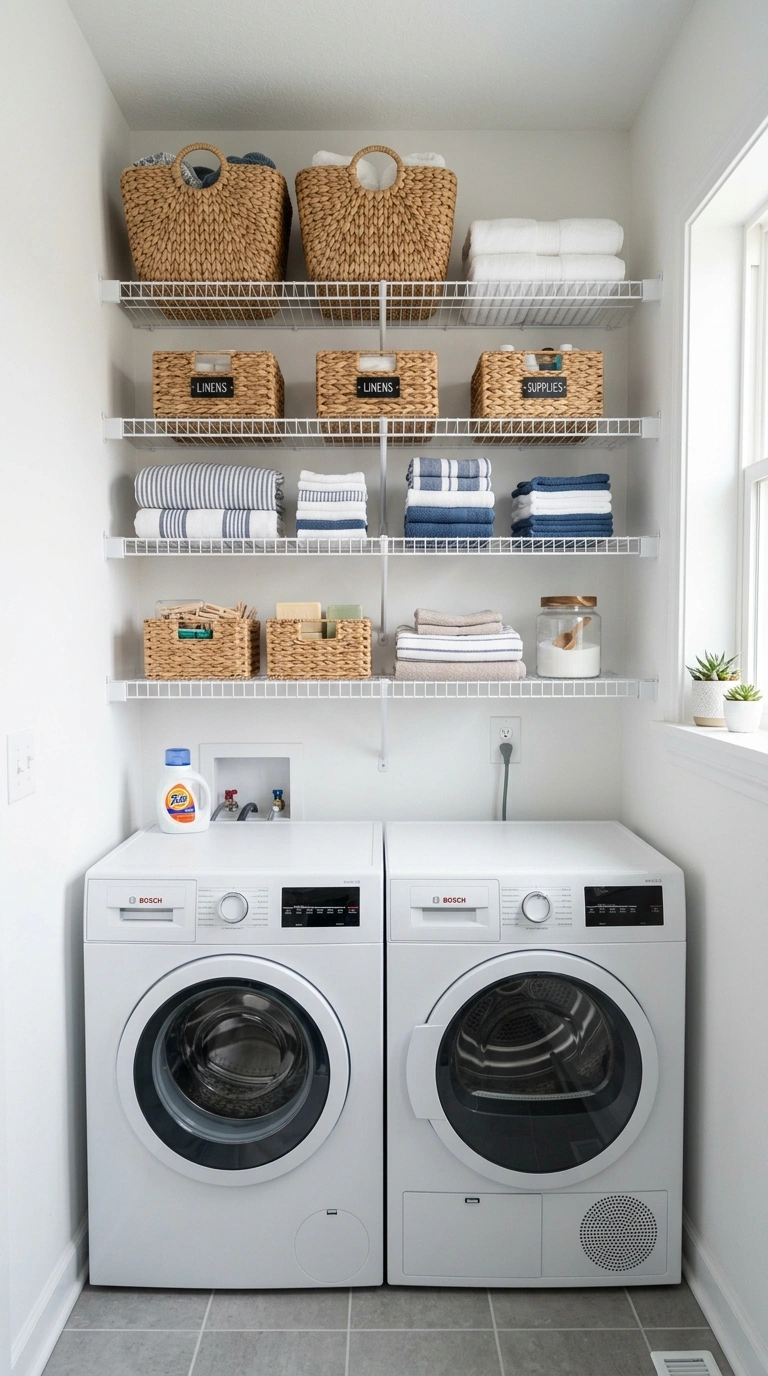 003 Open Wire Shelving A compact laundry room with whi